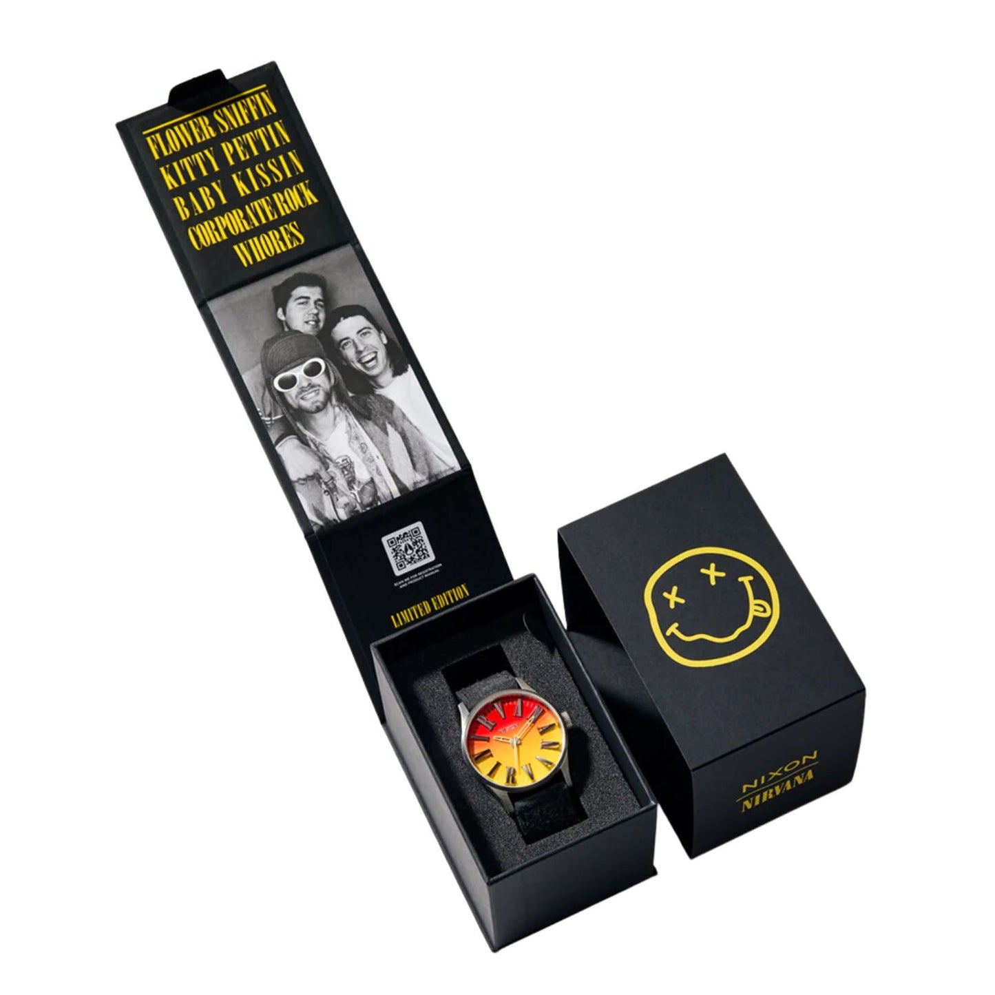 Nixon x Nirvana Sentry Leather Watch Unplug Fade. Foto de relógio e da caixa.
