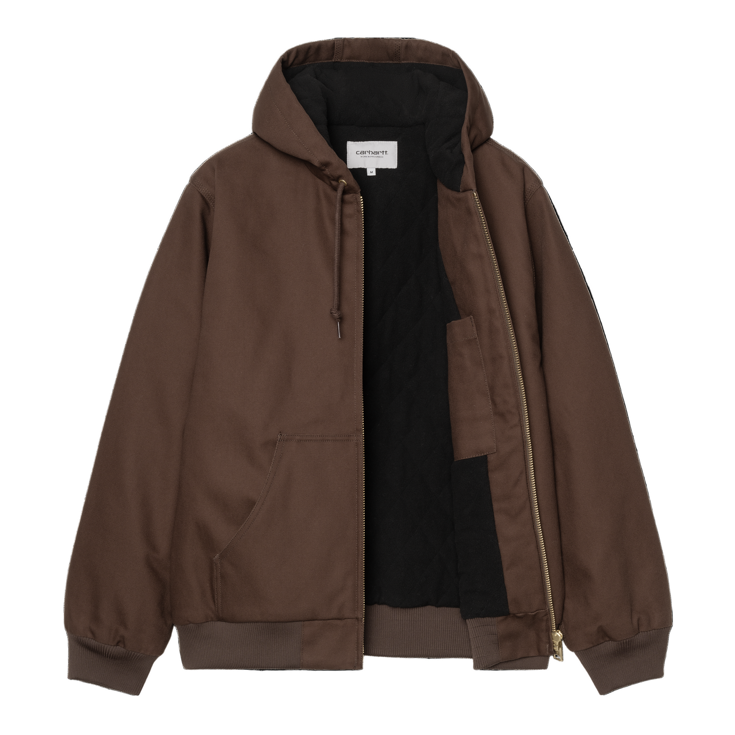 Casaco com carapuço para homem Carhartt WIP Active em Tobacco Rigid. Foto da parte da frente, aberto.