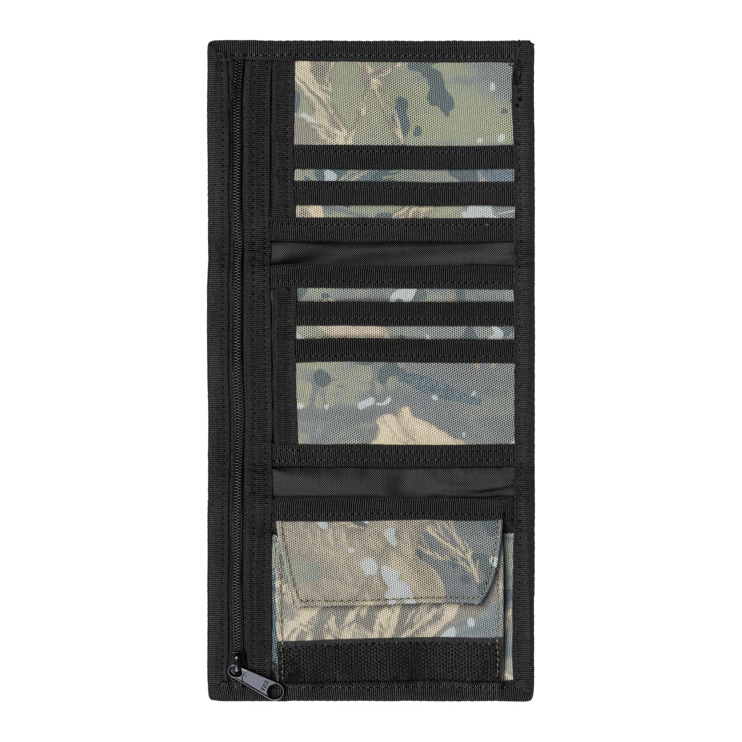 Carteira unissexo Carhartt WIP Alec em Camo Combi, Green. Foto da carteira aberta.