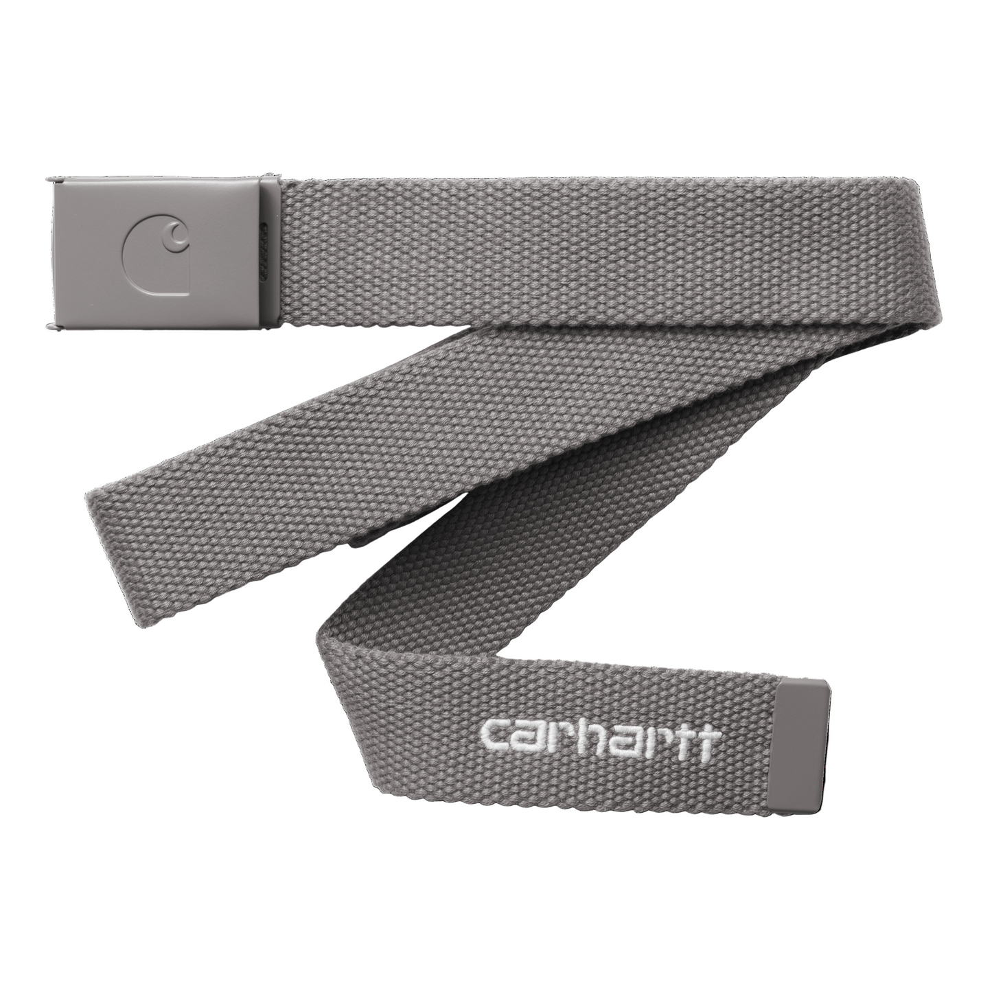 Cinto unissexo Carhartt WIP C-Logo Tonal em Porphyry/Branco. Foto de frente.