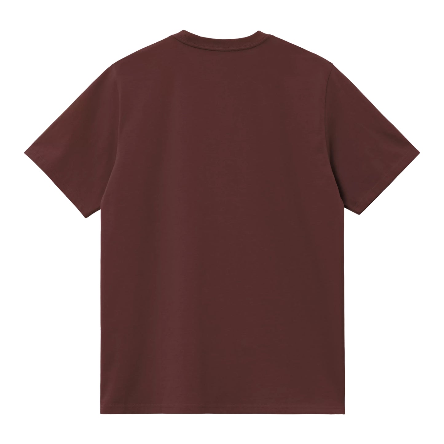 T-shirt Carhartt WIP American Script em Amarone — vista traseira, produto sem modelo, costas lisas sem gráfico, decote redondo, manga curta, jersey de algodão bordeaux escuro Amarone, fundo branco.