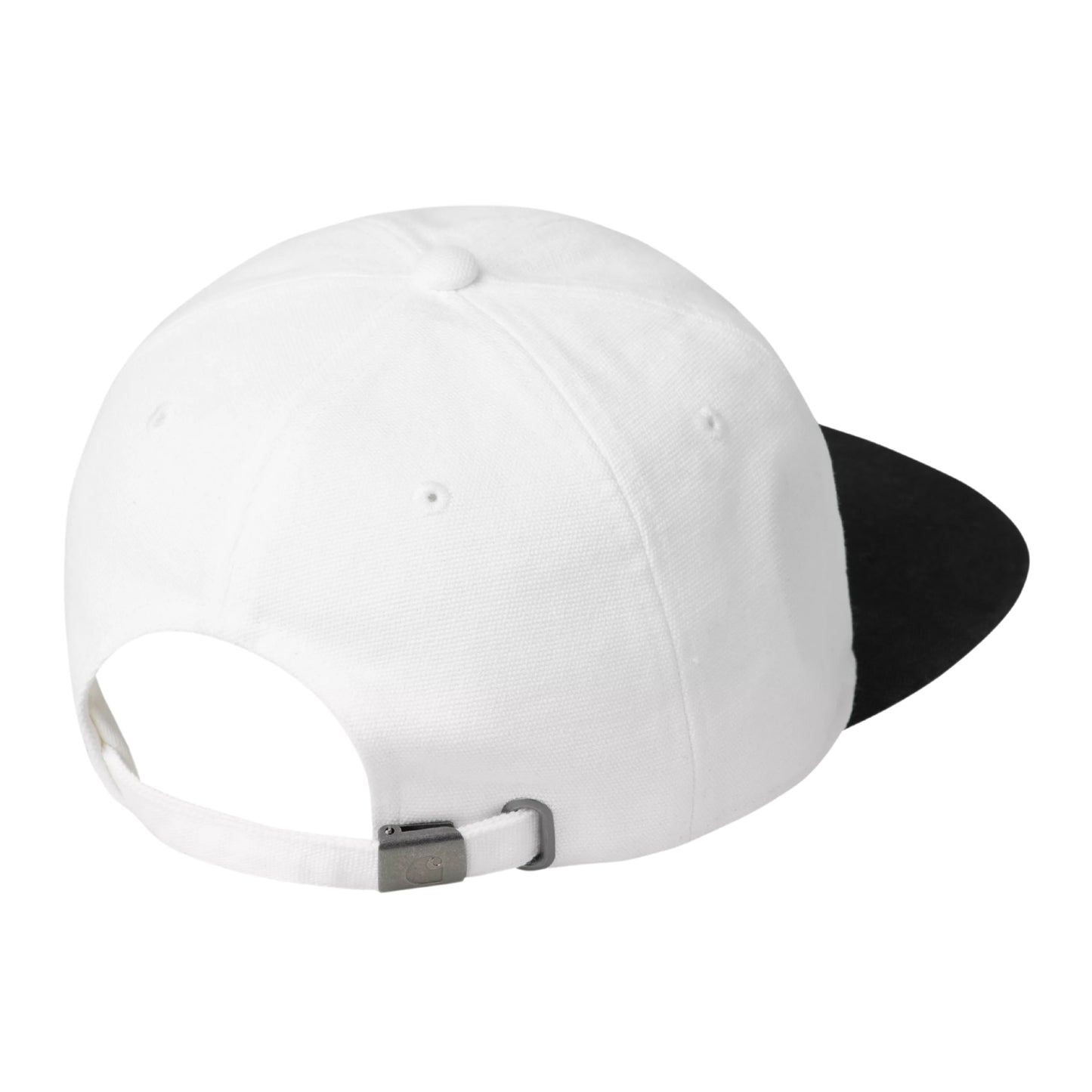 Boné Carhartt WIP Animated Ducks Cap em White / Black — vista traseira em ângulo, produto sem modelo, copa não estruturada de seis painéis em lona Dearborn branca, pala ligeiramente curva preta, correia ajustável branca com fivela metálica prateada ao centro, fundo branco.