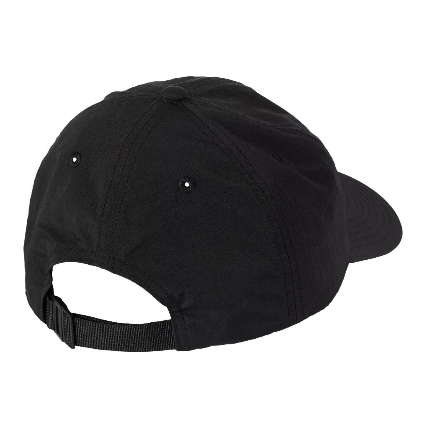 Boné Carhartt WIP Arch Script Cap em Preto — vista de três quartos traseira, boné preto de cinco painéis com tira ajustável preta, fecho traseiro e pala rígida e plana, fundo branco.
