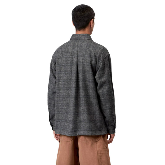 Camisa de manga comprida Carhartt WIP L/S Bagley em Bagley Check Preto — modelo masculino de costas, meio corpo, xadrez Bagley Check cinzento antracite, pala traseira central, manga comprida com punho com botão, corte loose com ombros largos, calças wide-leg camel, fundo branco.