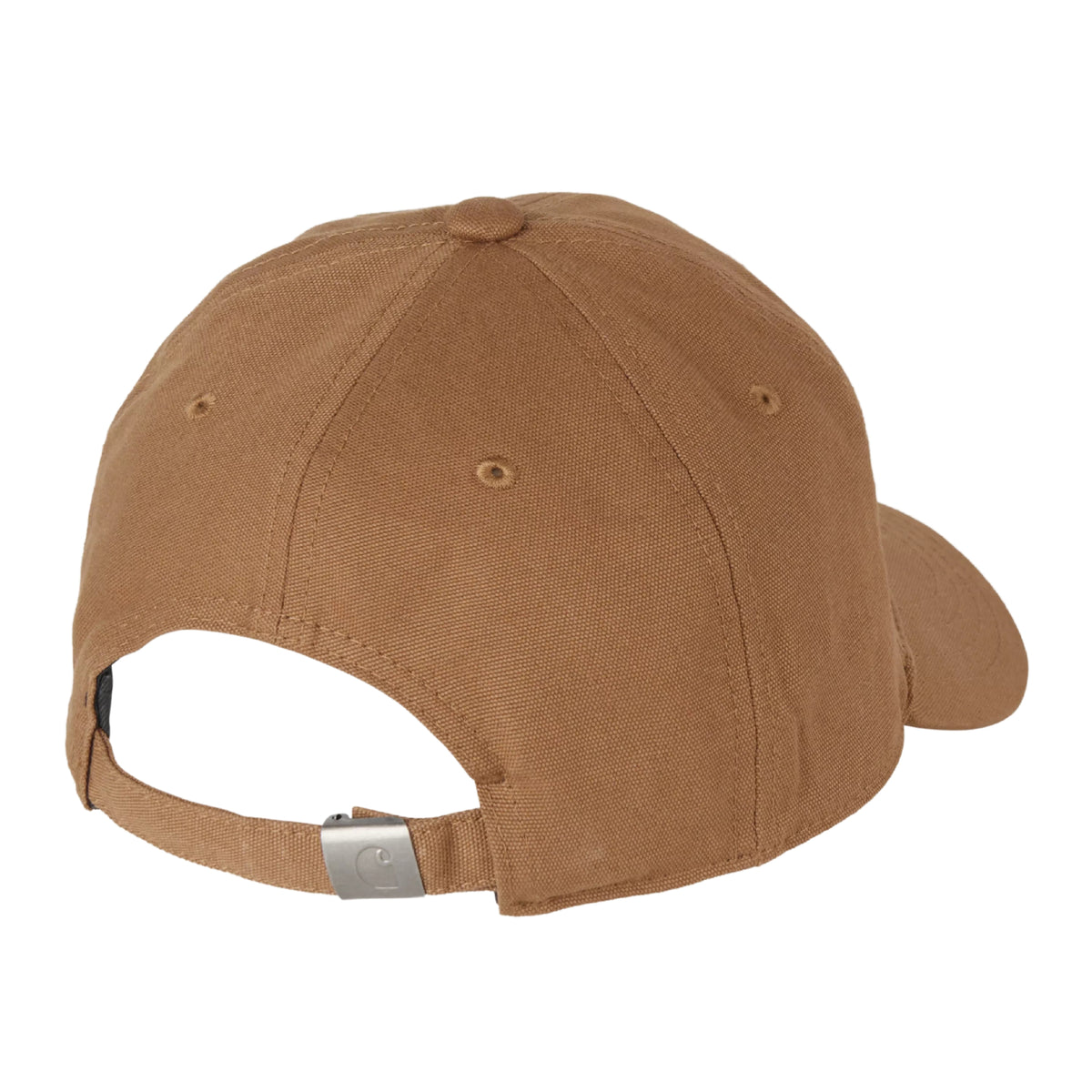 Boné Carhartt WIP Canvas Script Cap em Hamilton Brown / Black — vista de três quartos traseira, seis painéis em tela de algodão castanho, correia ajustável com fivela metálica e pico curvo, fundo branco.