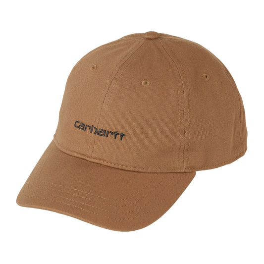 Boné Carhartt WIP Canvas Script Cap em Hamilton Brown / Black — vista de três quartos frontal, boné de seis painéis em tela de algodão castanho com logo Carhartt bordado a preto, pico firme e curvo, fundo branco.