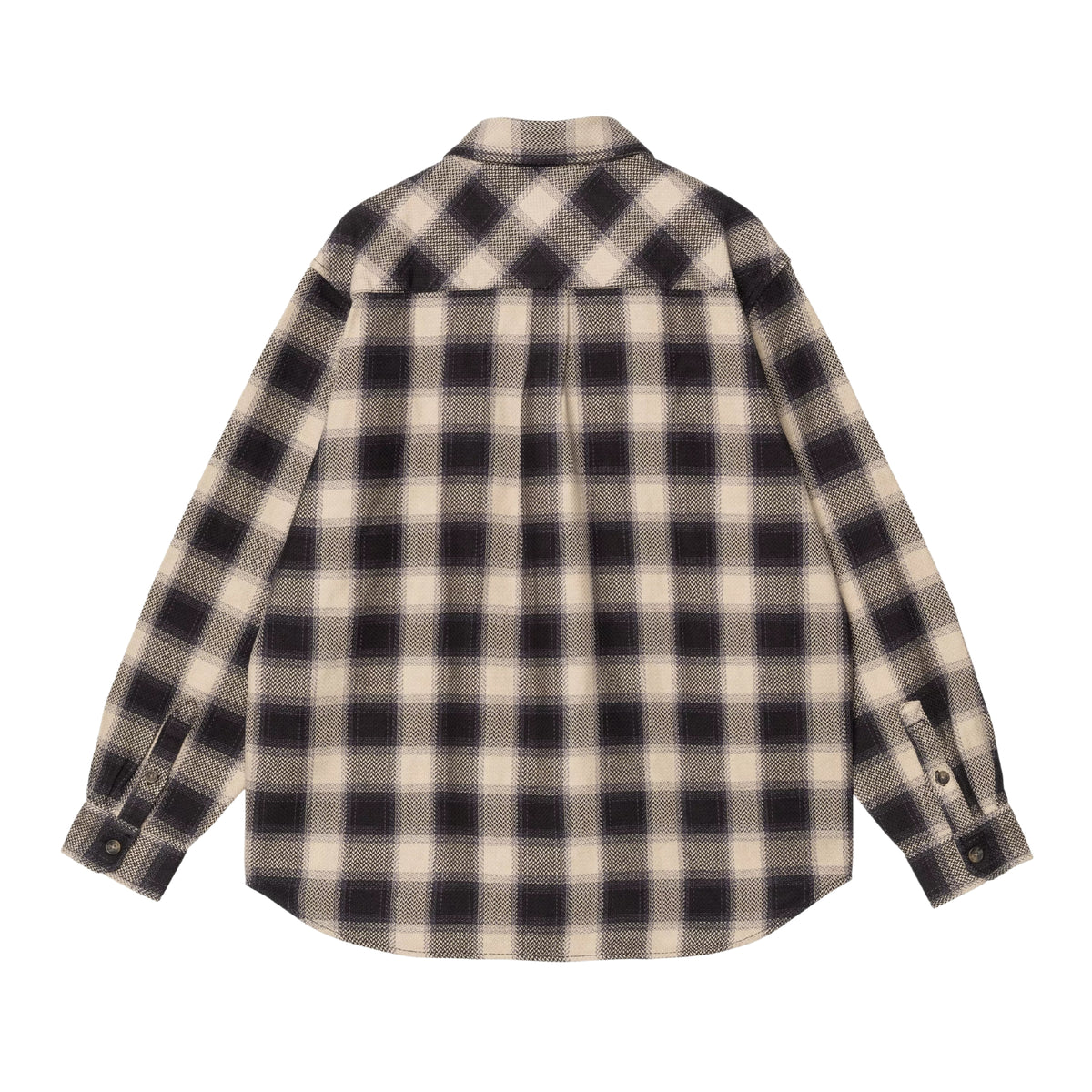 Camisa de manga comprida Carhartt WIP L/S Dayne em Dayne Check Shady Purple — flat lay de costas, camisa de xadrez em bege e roxo escuro, botões escuros nos punhos, loose fit, fundo branco.