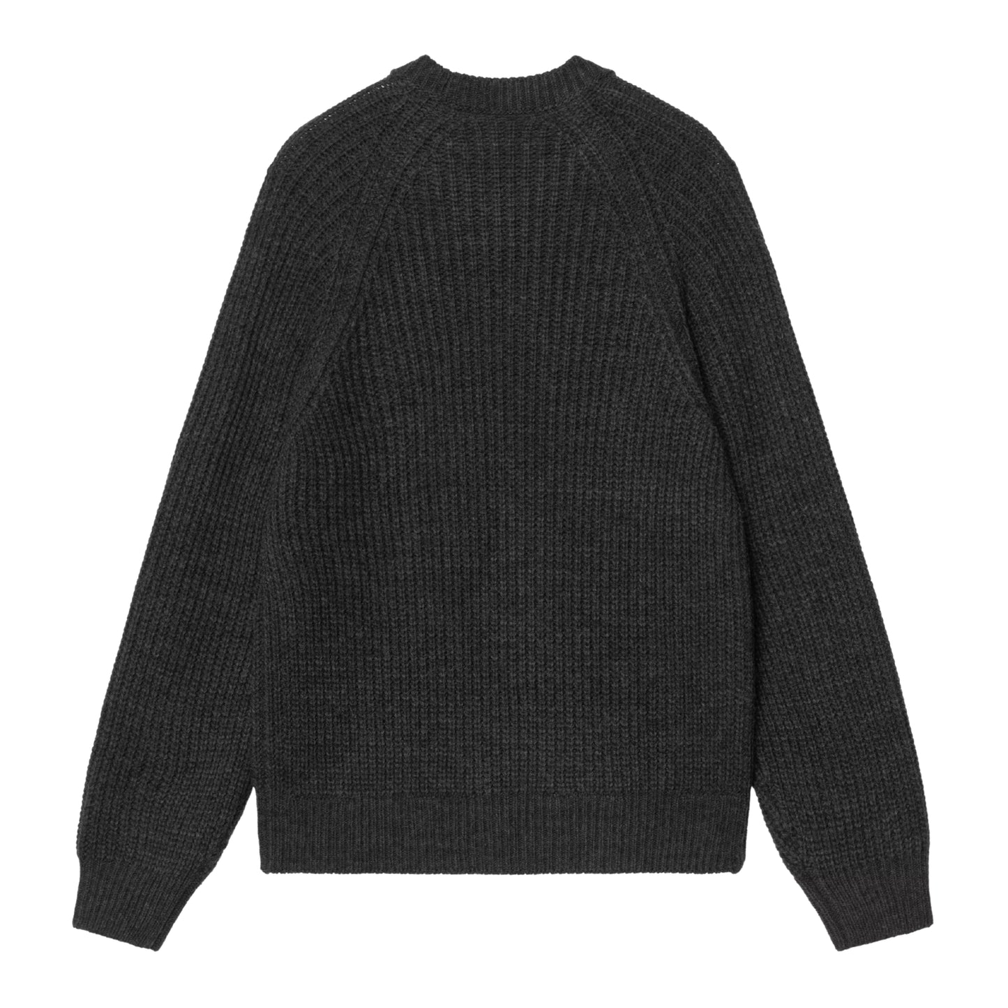 Camisola Carhartt WIP Firth Sweater em Soot — vista traseira, produto sem modelo, malha de mistura de fios em cinzento-chumbo escuro com textura canelada vertical, mangas raglan, decote redondo, punhos e bainha canelados, fundo branco.