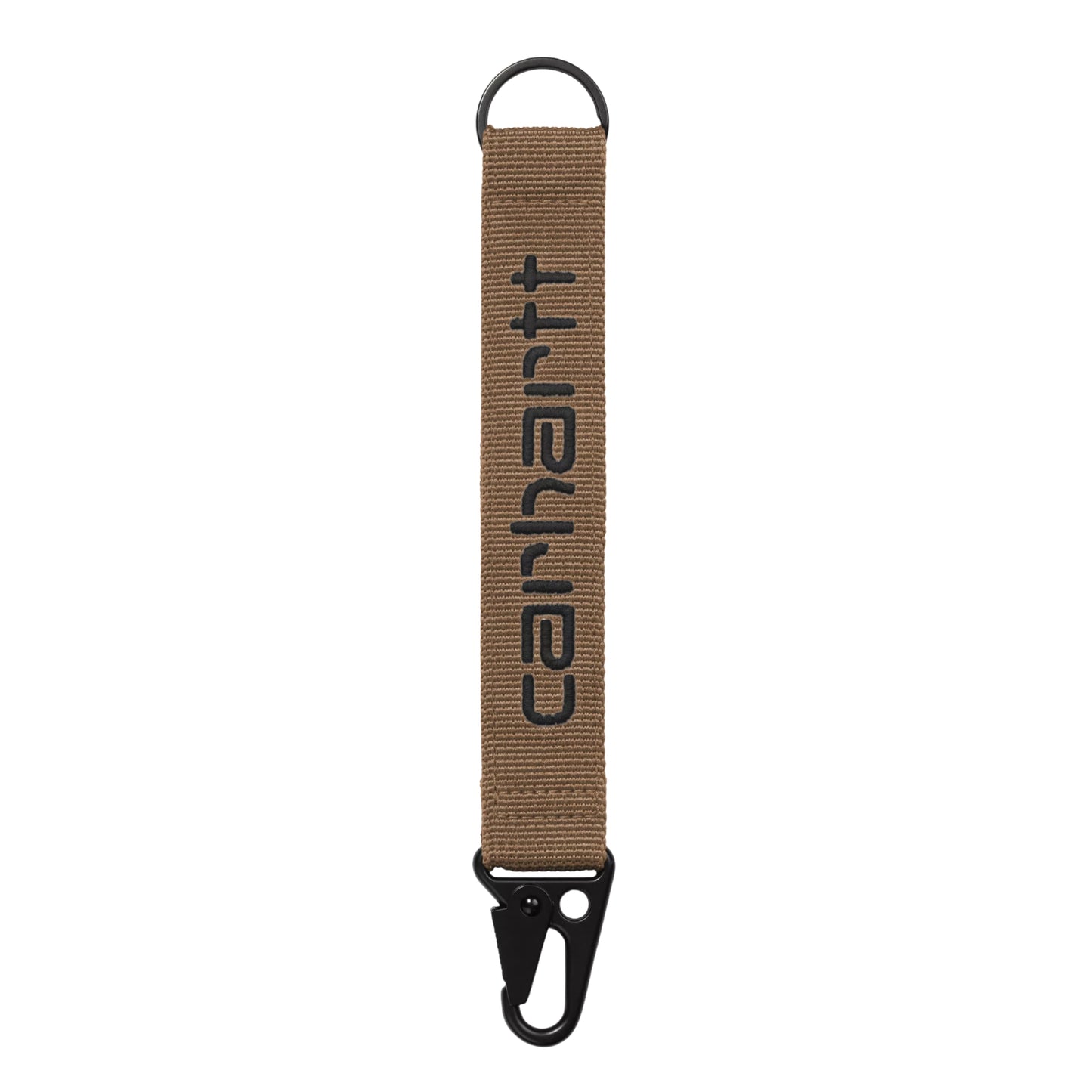Porta-chaves Carhartt WIP Jaden Keyholder em WIP H Brown / Black — vista traseira, tira de rede de poliéster canelada castanho-quente com letras "carhartt" bordadas em preto em relevo ao centro (texto espelhado), argola D-ring preta no topo, mosquetão tático preto na parte inferior, fundo branco.