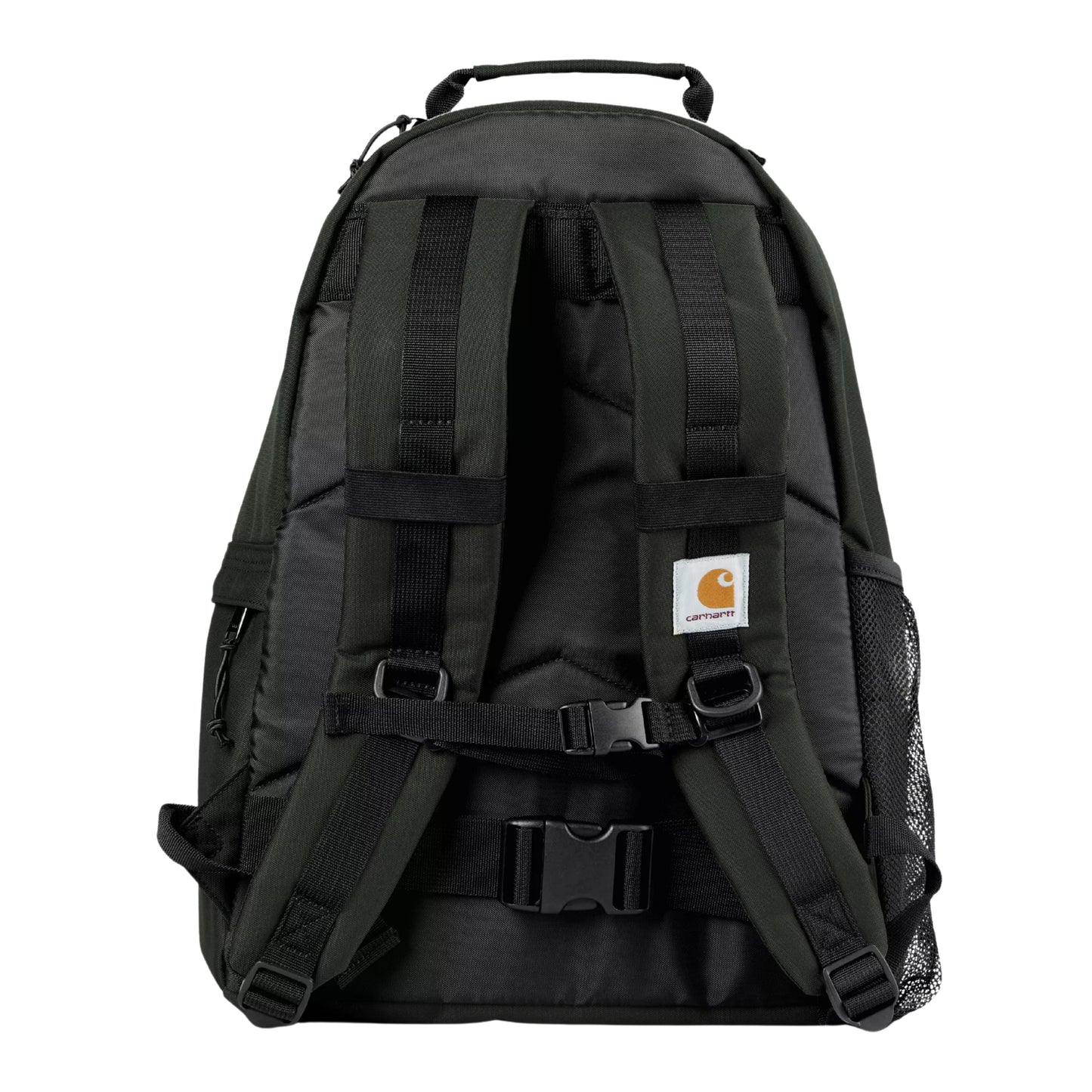 Mochila Carhartt WIP Kickflip Backpack em Raven — produto sem modelo, vista traseira, detalhe das alças acolchoadas ajustáveis, fivela de peito, patch Carhartt dourado e bolso lateral em mesh.