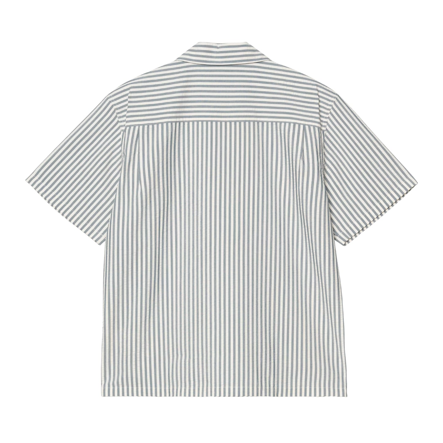 Camisa de manga curta para homem Carhartt WIP Leavel em Leavel Stripe, Azul River. Foto da parte de trás.