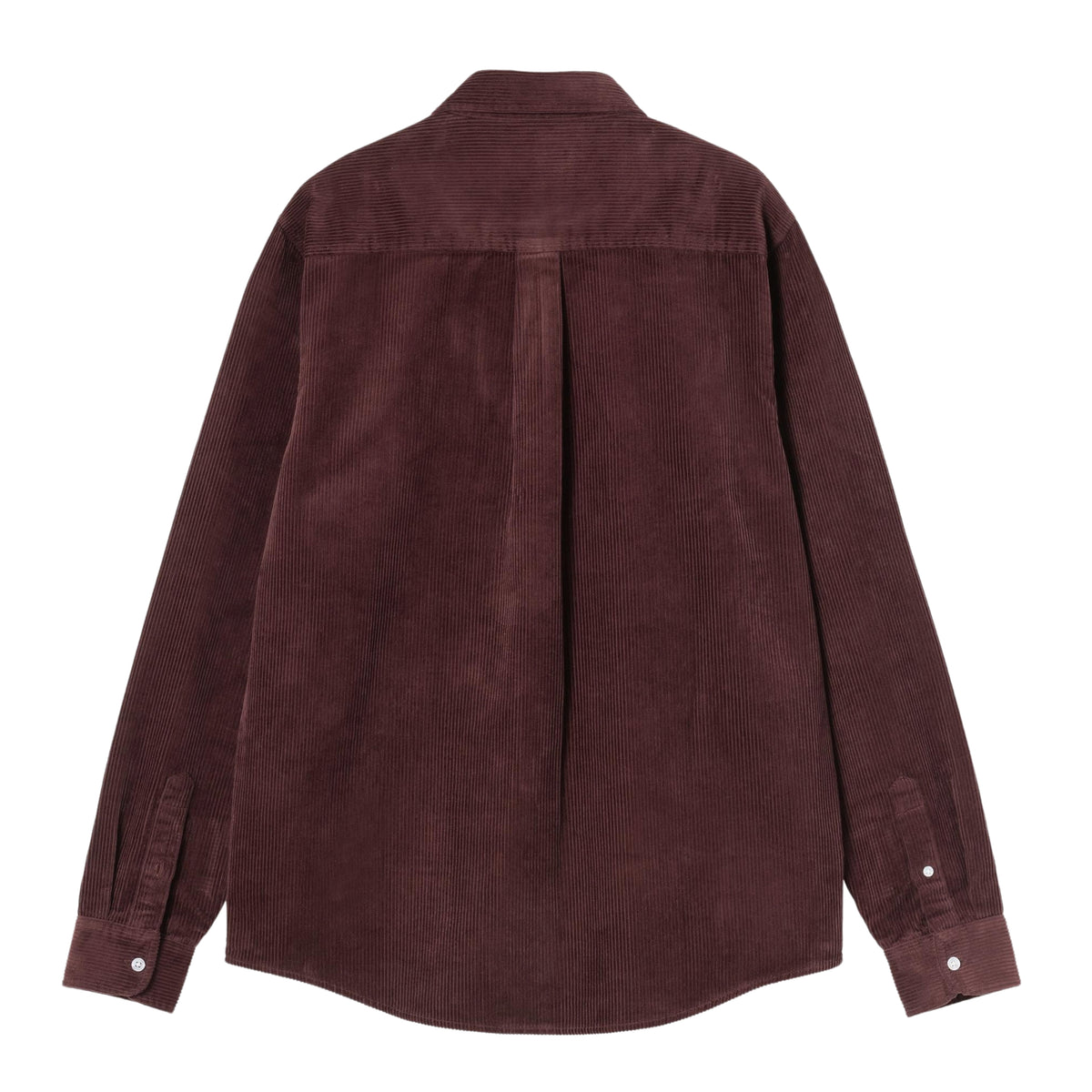 Camisa de manga comprida Carhartt WIP Madison Cord em Amarone, peça disposta de costas sobre fundo branco, mostrando o canelado horizontal nos ombros, a prega central, os punhos com botões e a bainha curva.