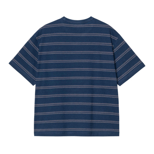 T-Shirt de manga curta para homem Carhartt WIP Matti em Matti Stripe, Blue / Phlox indigo overdyed. Foto da parte de trás.