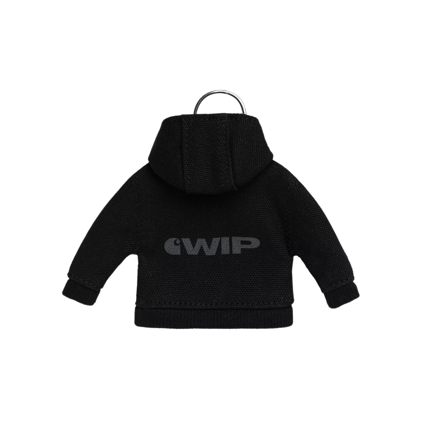 Porta-chaves Carhartt WIP Mini Active Jacket Keychain em Black — vista traseira, berloque em miniatura da Active Jacket em lona Dearborn preta com capuz, logótipo "C WIP" impresso em cinzento escuro nas costas em tom-sobre-tom, anel metálico prateado no topo, fundo branco.
