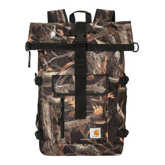 Mochila unissexo Carhartt WIP Philis em Camo Feather Tree, Black. Foto da parte da frente.