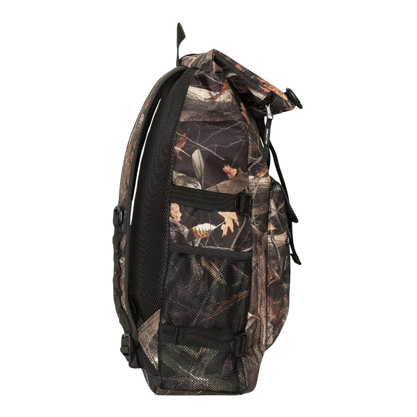 Mochila unissexo Carhartt WIP Philis em Camo Feather Tree, Black. Foto da parte lateral.