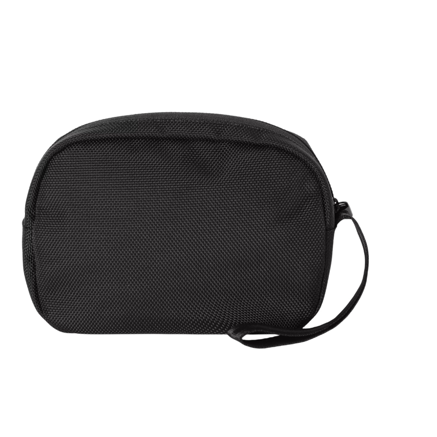 Bolsa Carhartt WIP Richmond Pouch em Black — vista traseira, formato arredondado em nylon de textura pesada preta liso sem gráfico, fecho de correr principal visível no topo com puxador preto, alça de pulso em cordão preto na lateral direita, fundo branco.
