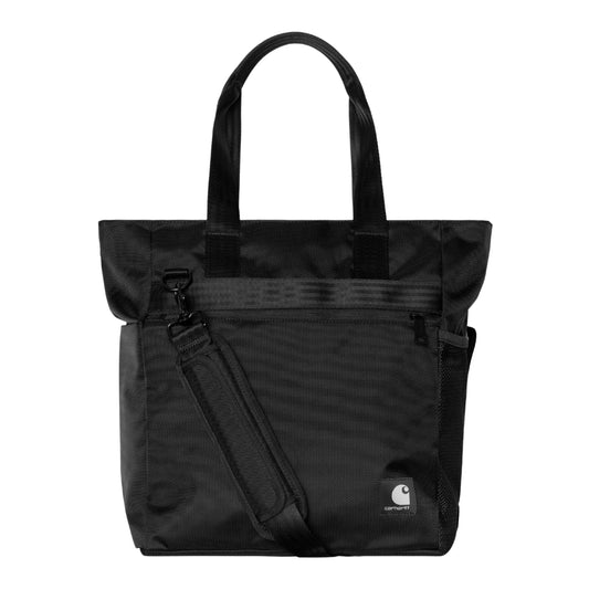Tote bag Carhartt WIP Richmond em Black — vista frontal, produto sem modelo, duas pegas superiores em nylon preto, fecho de correr do compartimento principal na parte superior, bolso frontal com fecho de correr e fivela metálica preta, alça ajustável e amovível para o ombro presa à lateral esquerda, etiqueta quadrada em tecido com logótipo Carhartt WIP branco no canto inferior direito, nylon texturado preto impermeável, fundo branco.
