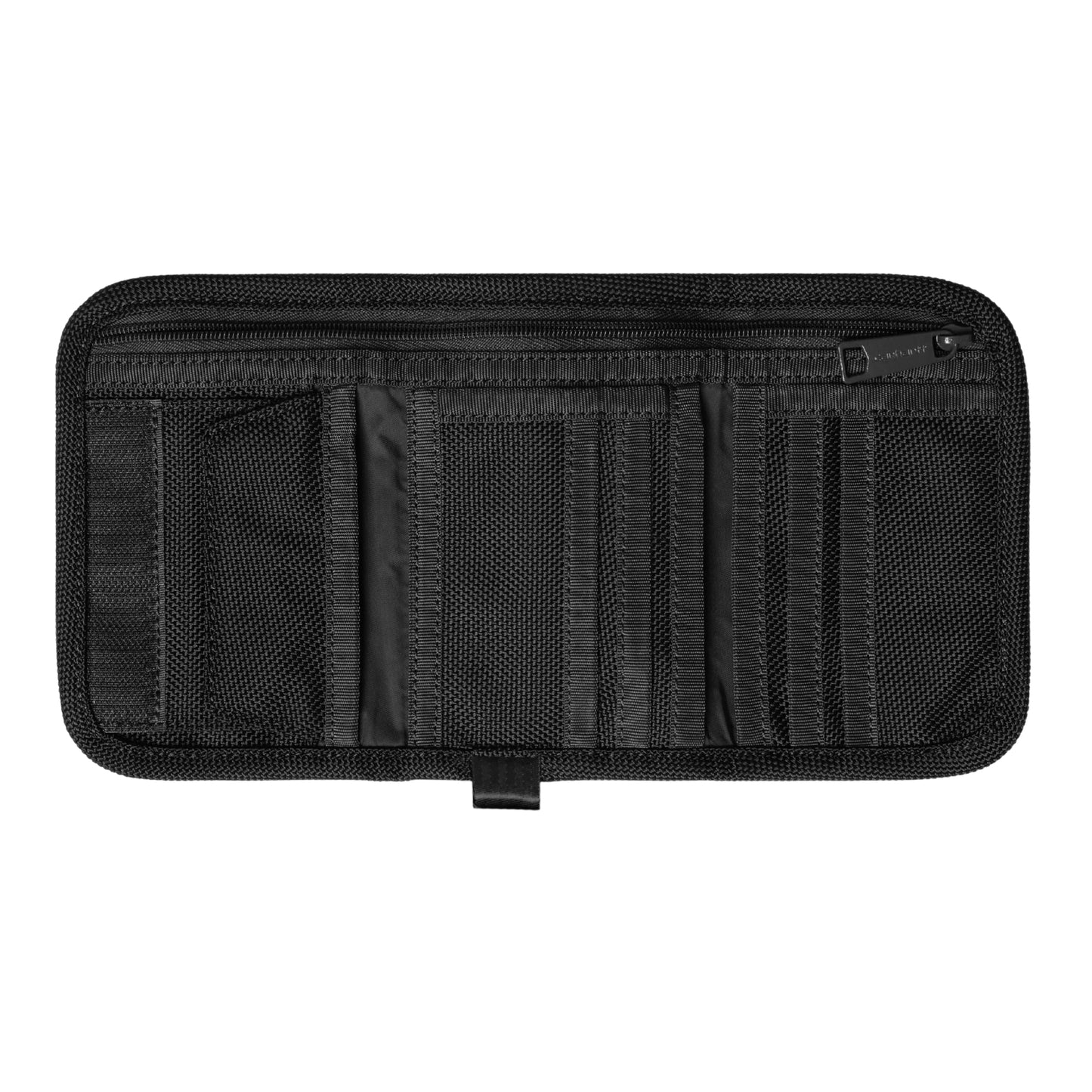 Carteira Carhartt WIP Richmond Wallet em Black — vista interior aberta, bolso superior para notas com fecho de correr preto e puxador metálico preto, bolso para moedas com Velcro® à esquerda, cinco ranhuras para cartão em nylon canelado ao centro, ranhuras adicionais em nylon acetinado preto à direita, aba de fecho Velcro® na bainha inferior, nylon preto, fundo branco.