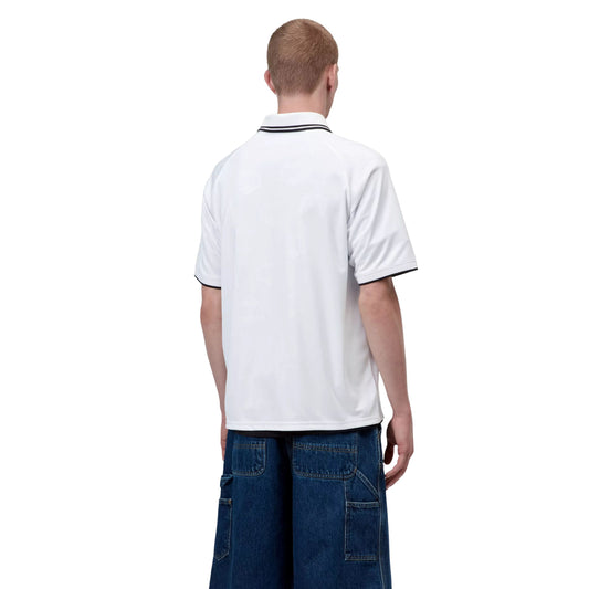 T-Shirt de futebol com manga curta para homem Carhartt WIP Terrace em Heart Train Jacquard, Branco. Foto da parte de trás, vestida.