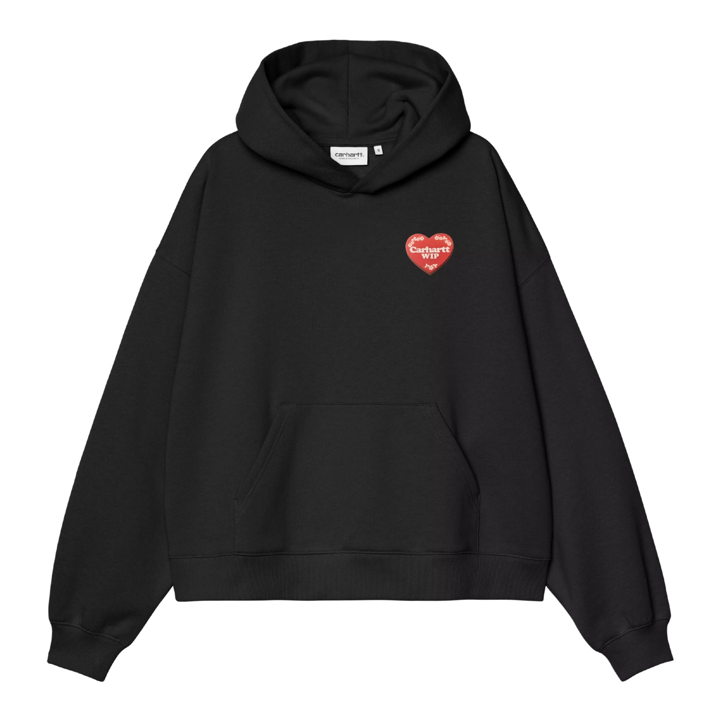 Camisola com capuz Carhartt WIP W' Hooded Hartt Case Sweat em Black — vista frontal, produto sem modelo, gráfico Hartt Case impresso no peito esquerdo: tampa de caixa de chocolates em formato de coração vermelho com texto "Carhartt WIP" em creme e motivos florais bege, bolso de canguru frontal, capuz volumoso com etiqueta "carhartt." branca na gola interior visível, punhos e bainha canelados, malha de algodão escovada preta, fundo branco.