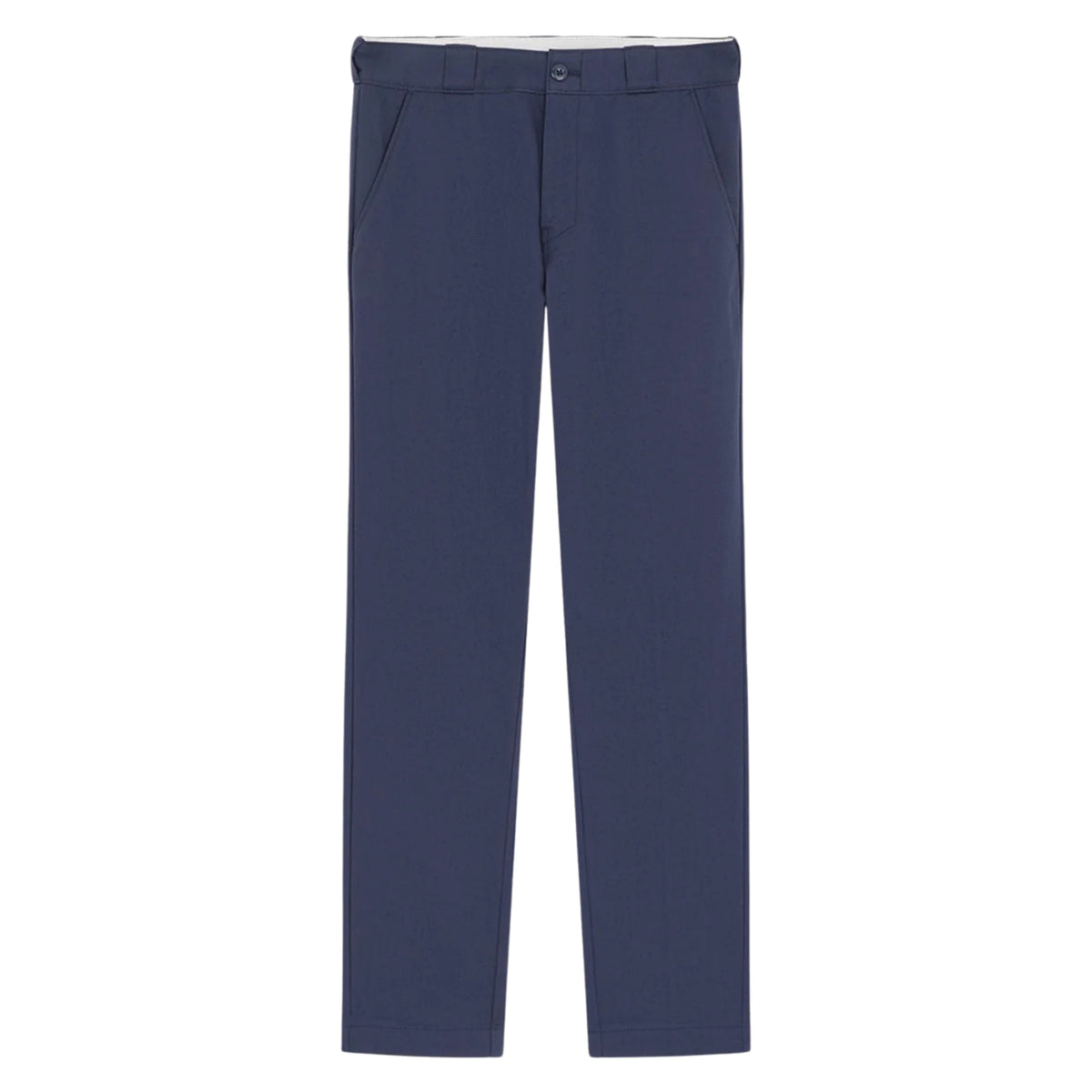 Calças Dickies 247 Slim Work Pant em Dark Navy — vista frontal, produto sem modelo, tecido de algodão azul-marinho escuro, fecho de botão oculto, passadores para cinto, bolsos laterais e corte slim, fundo branco.
