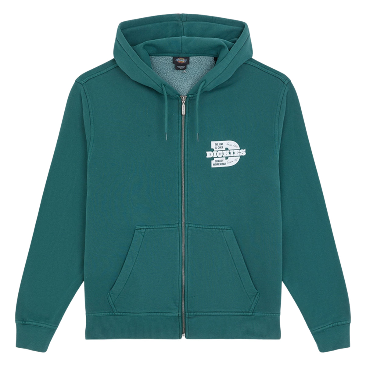 Sweat Dickies Minden em Verde Escuro, peça disposta de frente sobre fundo branco, com fecho de correr, carapuço com cordões, dois bolsos e pequeno grafismo branco no peito esquerdo.