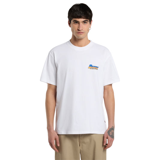 T-shirt de manga curta Dickies Tonopah em Branco, vista frontal em plano médio, com gola redonda e pequeno logótipo colorido no peito esquerdo.