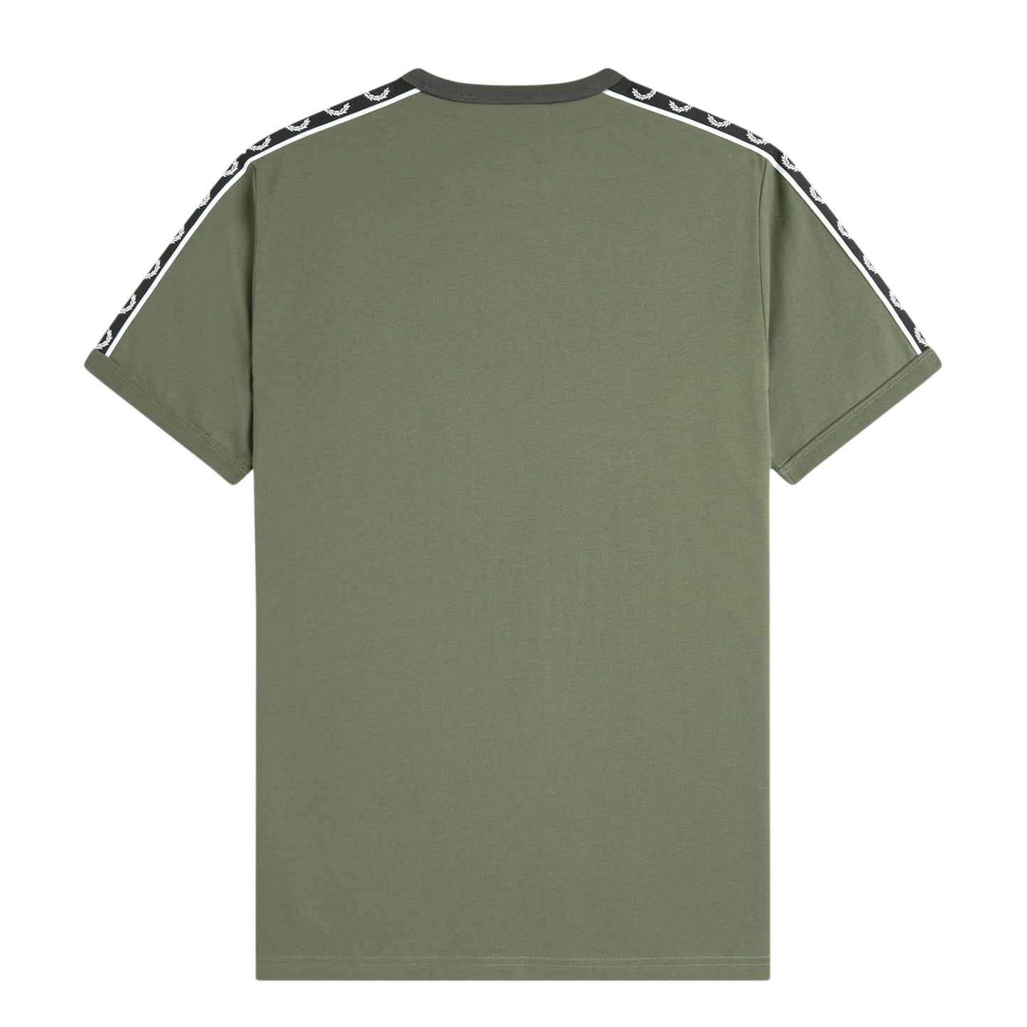 T-shirt com manga curta para homem Fred Perry Contrast Tape Ringer em Verde Laurel Wreath/Preto. Foto da parte de trás.