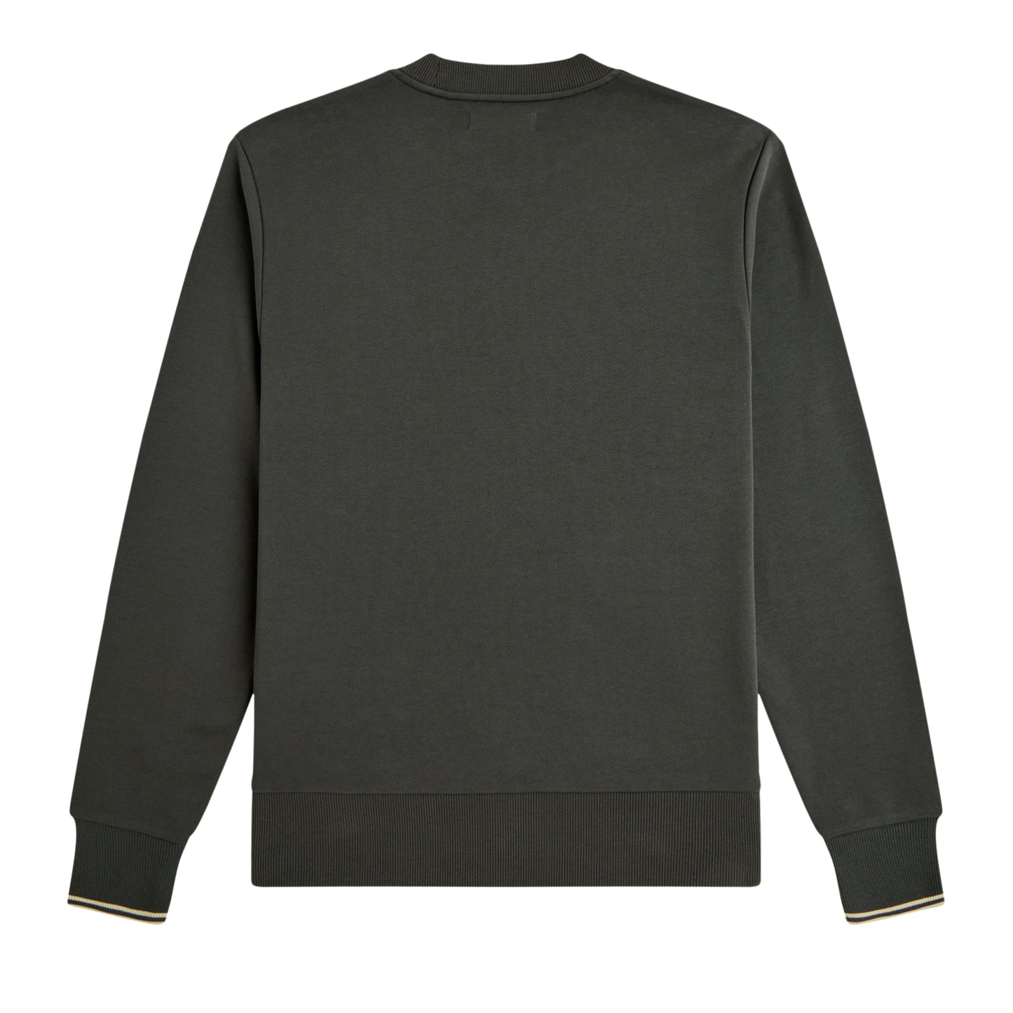 Vista traseira da sweat Fred Perry Crew Neck para homem em Field Green com bainha e punhos canelados.