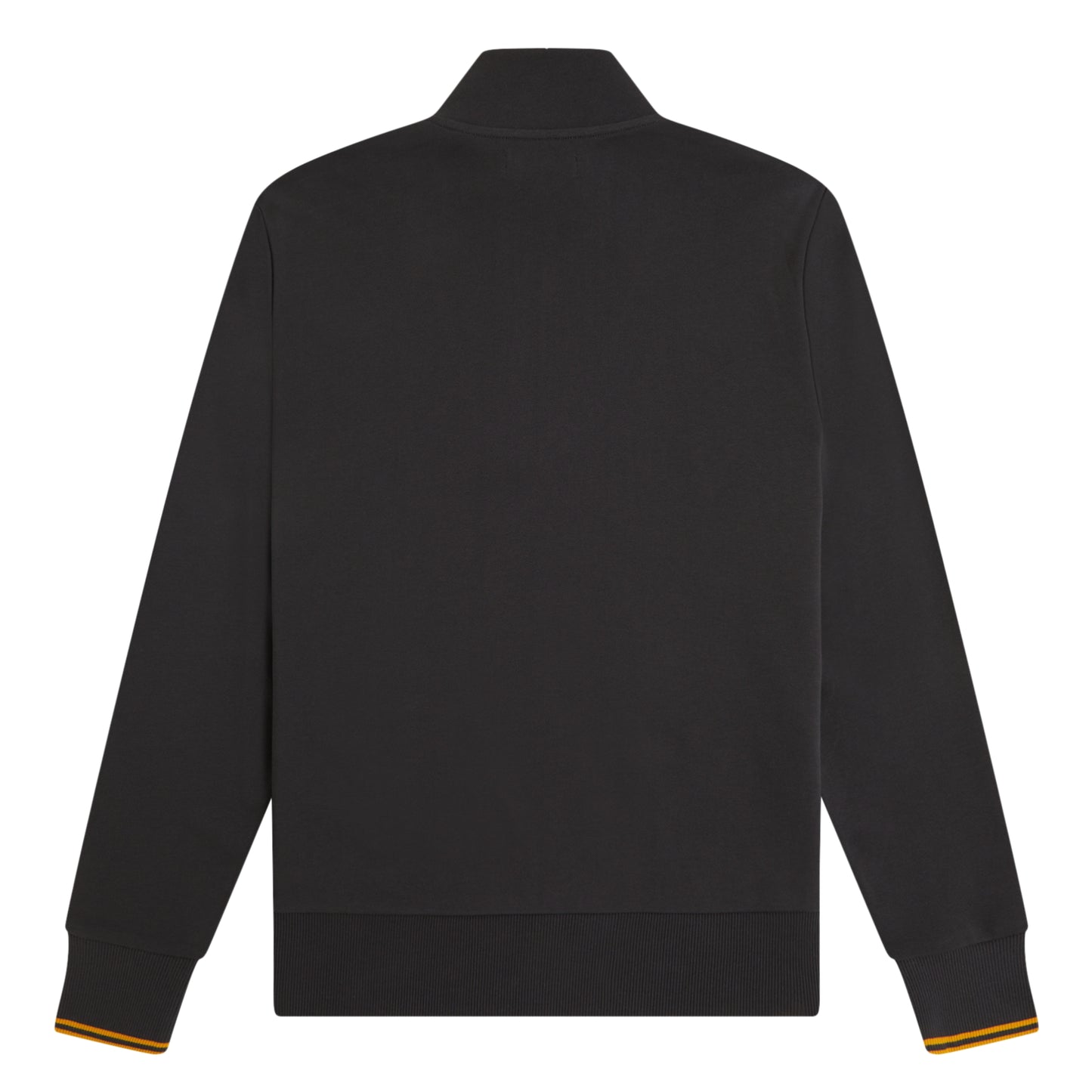 Sweat com meio-fecho Fred Perry Half Zip Sweatshirt em Anchor Grey — produto sem modelo, vista traseira, costas limpas, gola alta e twin tipping Golden nos punhos visíveis.