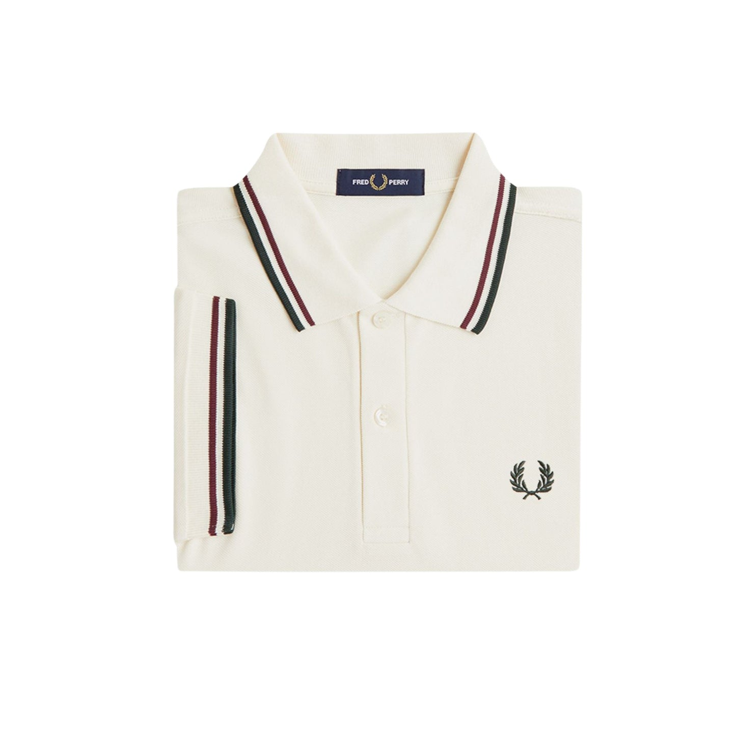 Polo de manga curta para homem Fred Perry M3600 em Ecru/Oxblood/Grassroots. Foto da parte da frente, dobrada.