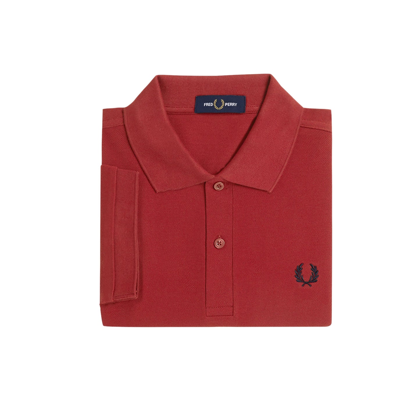 Polo de manga curta para homem Fred Perry em Vermelho Burnt/Azul Marinho. Foto da parte da frente, dobrado.