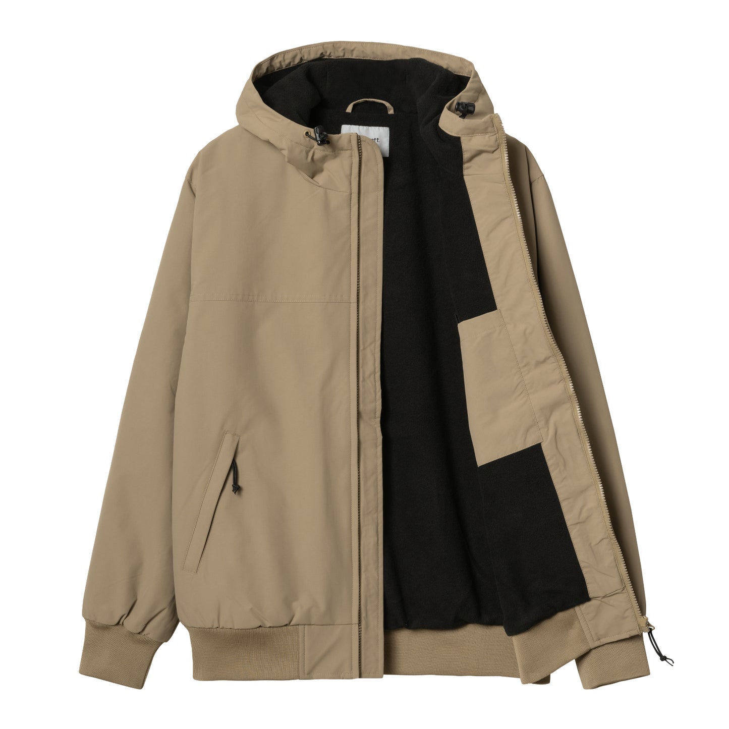 Carhartt WIP Hooded Sail Jacket Leather/Black. Foto da parte da frente com casaco aberto.