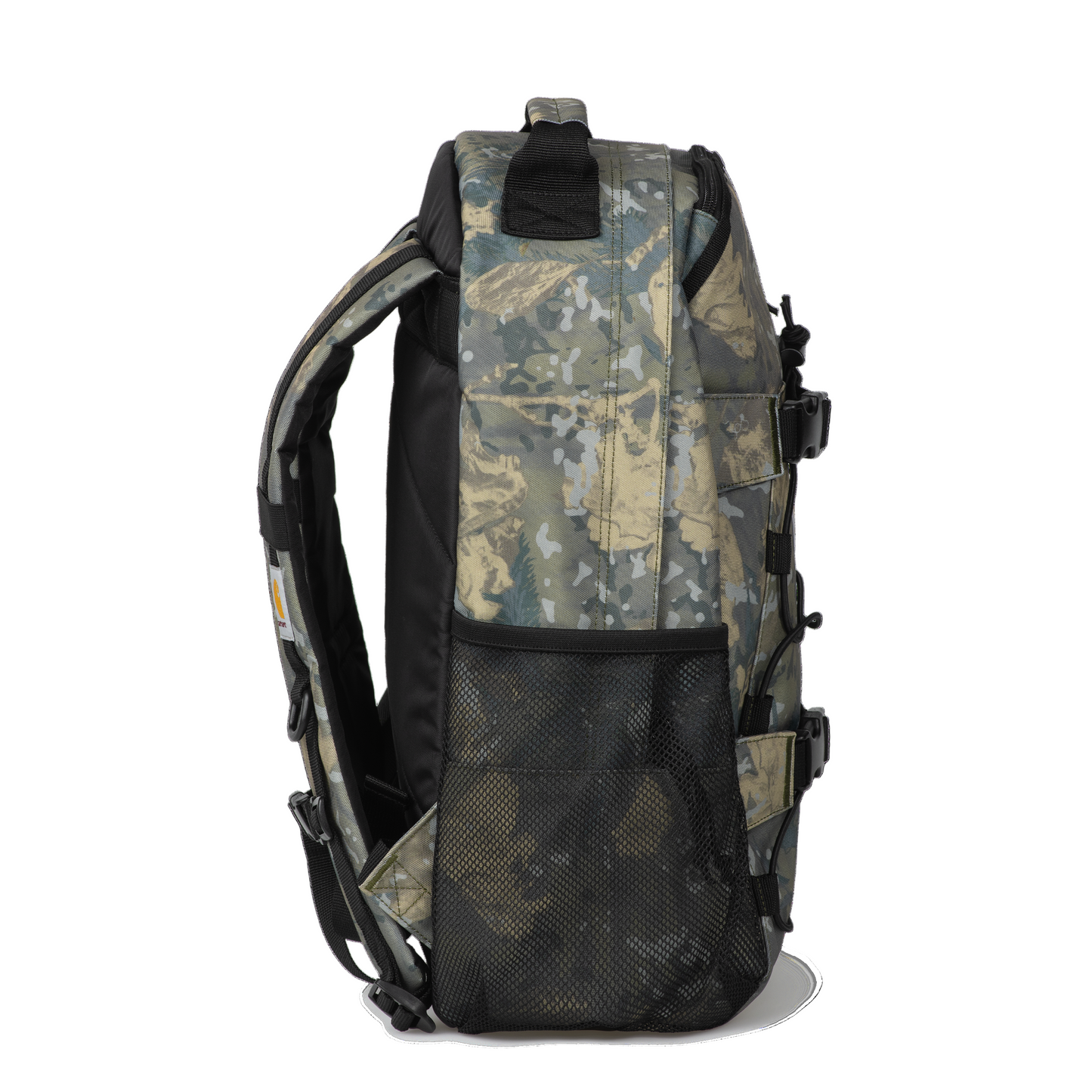 Mochila unissexo Carhartt WIP Kickflip em Camo Combi, Green. Foto de lado.