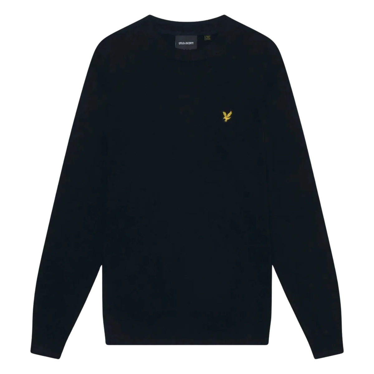 Camisola Lyle & Scott Cotton Merino em Dark Navy de frente, sem modelo, com gola redonda, mangas compridas e águia amarela no peito esquerdo.