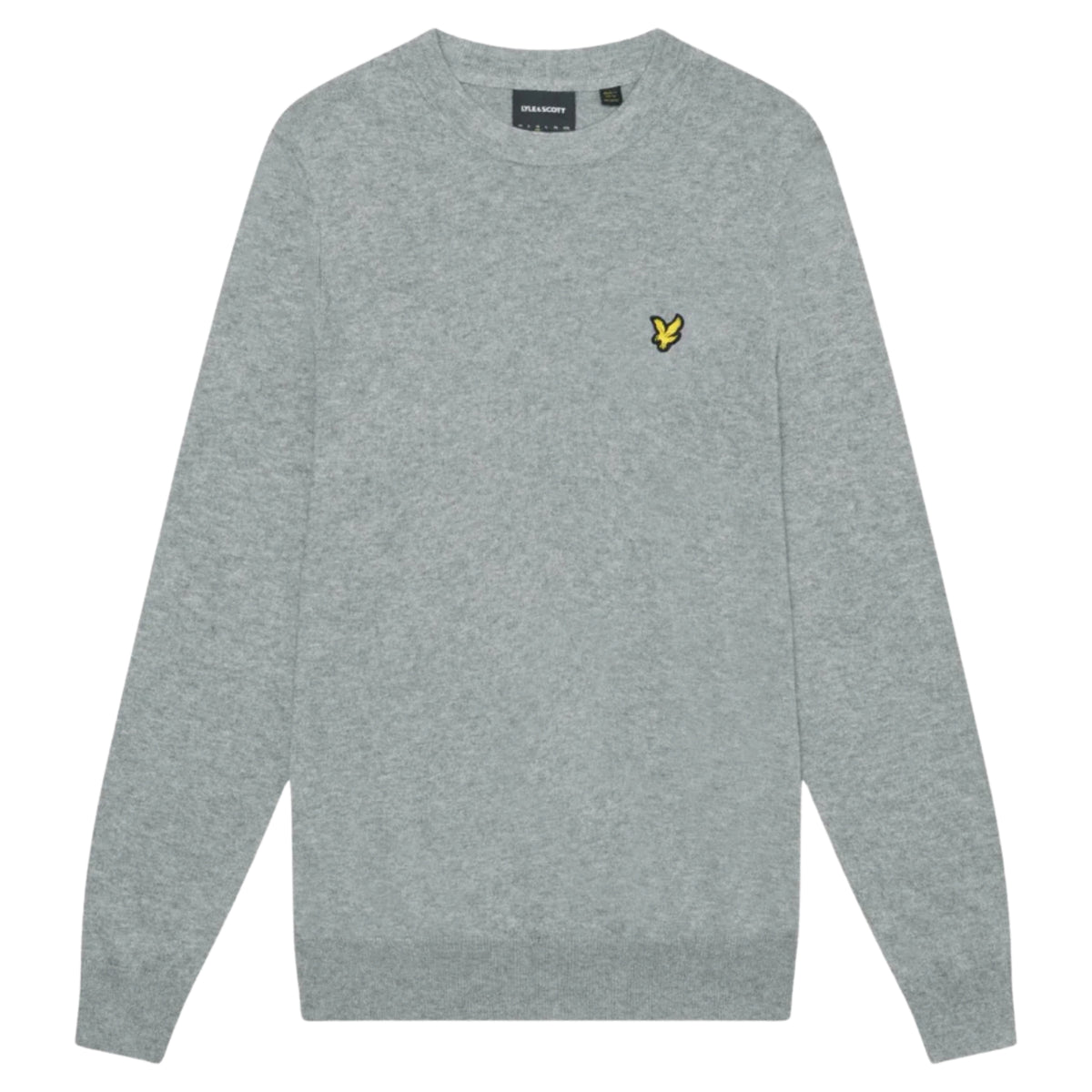 Camisola Lyle & Scott Cotton Merino Mid Grey Marl de frente, sem modelo, com mangas compridas e logótipo no peito esquerdo.