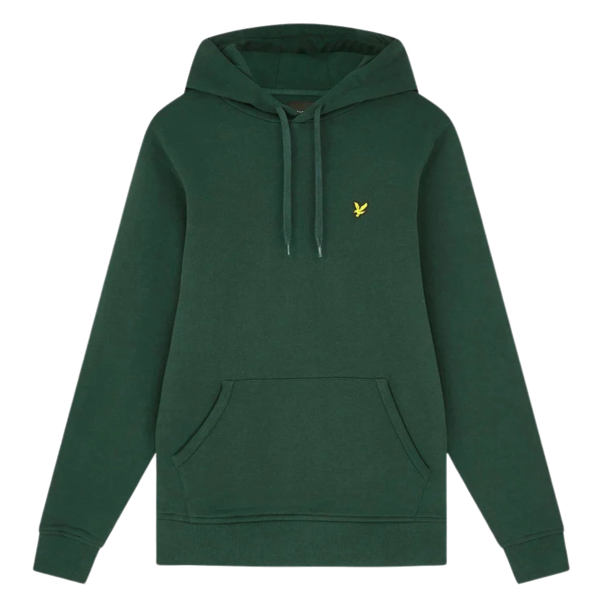 Sweat com capuz Lyle & Scott Pullover Dark Green de frente, sem modelo, com cordões ajustáveis, bolso canguru e águia amarela no peito esquerdo.