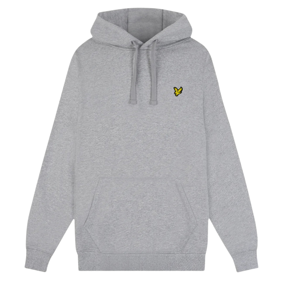 Sweat com capuz Lyle & Scott Pullover Mid Grey Marl de frente, sem modelo, com cordão ajustável, bolso canguru e águia amarela no peito esquerdo.