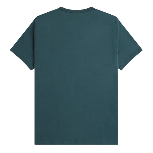 Fred Perry Ringer T-Shirt Petrol Blue. Foto da parte de trás.
