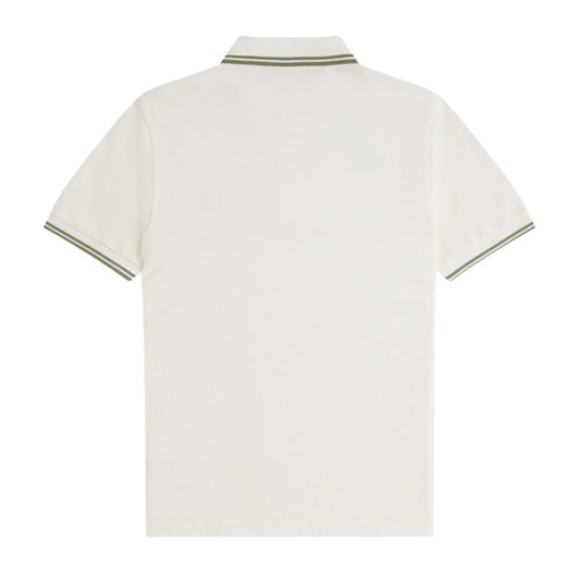 Polo de manga curta para homem Fred Perry Twin Tipped em Light Ecru/Olive Mint/Olive Mint. Foto da parte de trás.