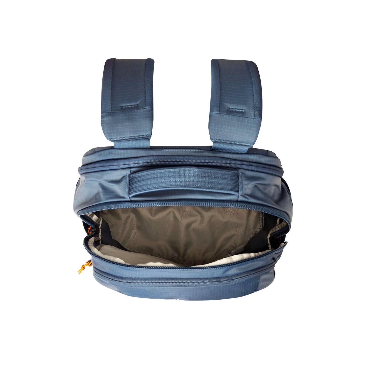 Mochila unissexo The North Face Borealis em Cinza Granite/Laranja Dust. Foto da parte de cima da mochila.