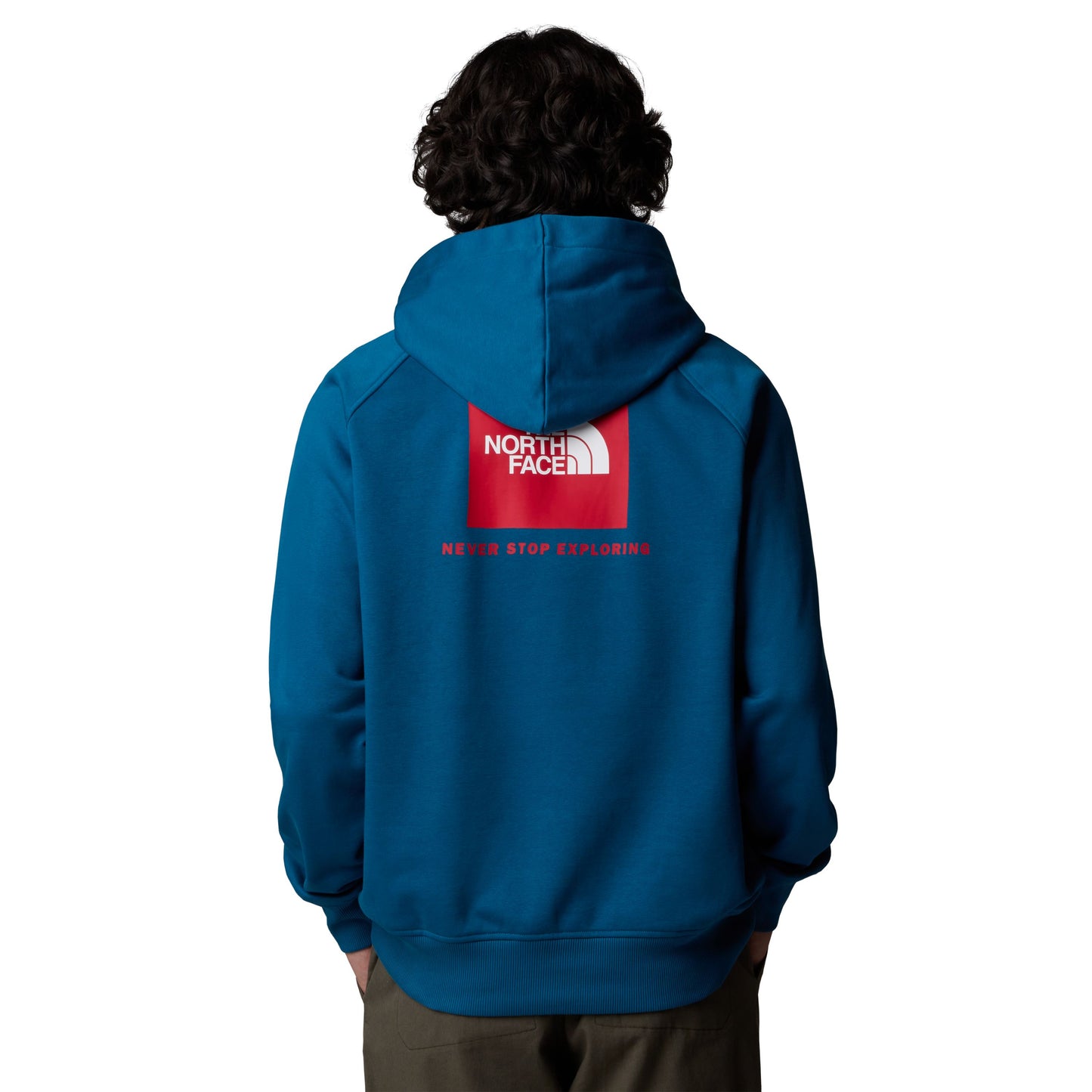 Sweat com carapuço para homem The North Face Raglan Box NSE em Mineral Ink/ TNF Red. Foto da parte de trás, vestida.