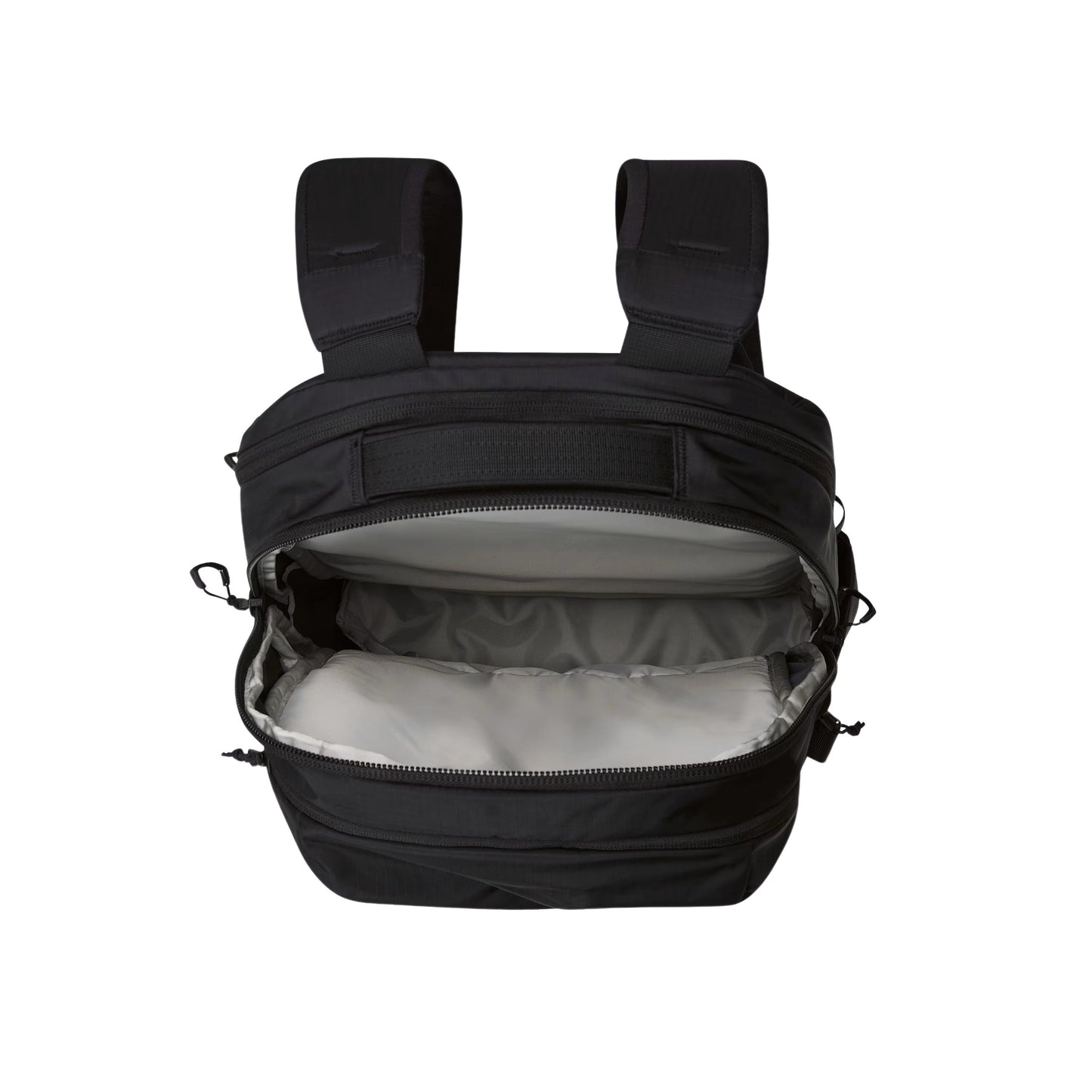 Mochila unissexo The North Face Surge em Preto TNF/Preto TNF. Foto da parte superior da mochila, aberta.