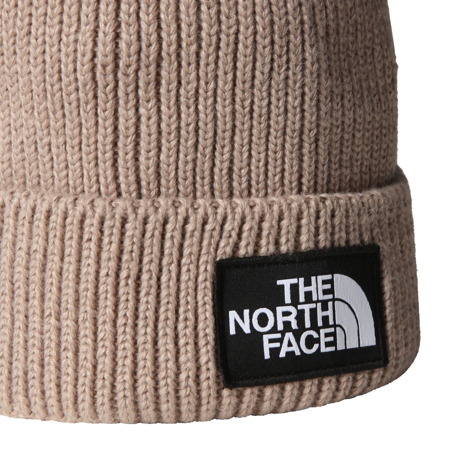 Gorro unissexo The North Face TNF Logo Box Cuffed em Mushroom Grey. Foto de detalhe do logotipo.