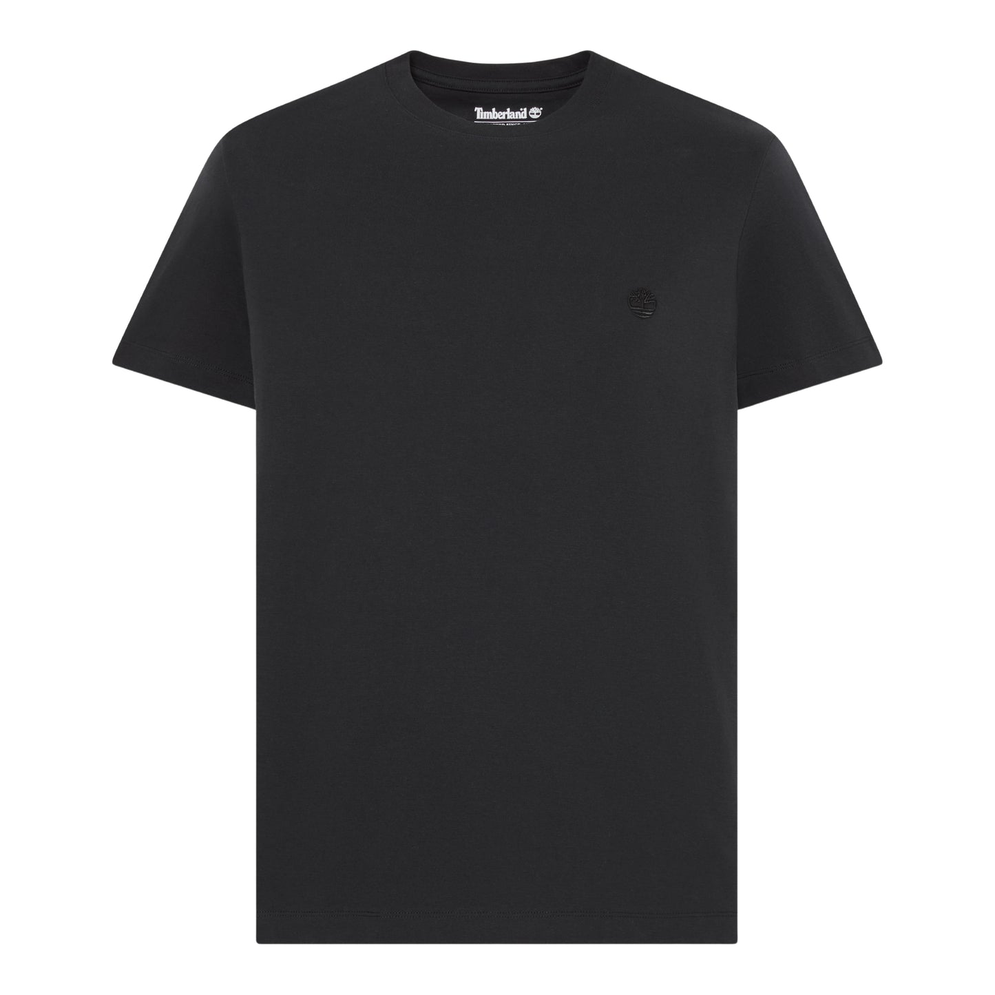 T-shirt Timberland Dunstan River em Black — produto sem modelo, vista frontal, logótipo árvore Timberland bordado em preto tonal no peito esquerdo, etiqueta Timberland na gola visível.