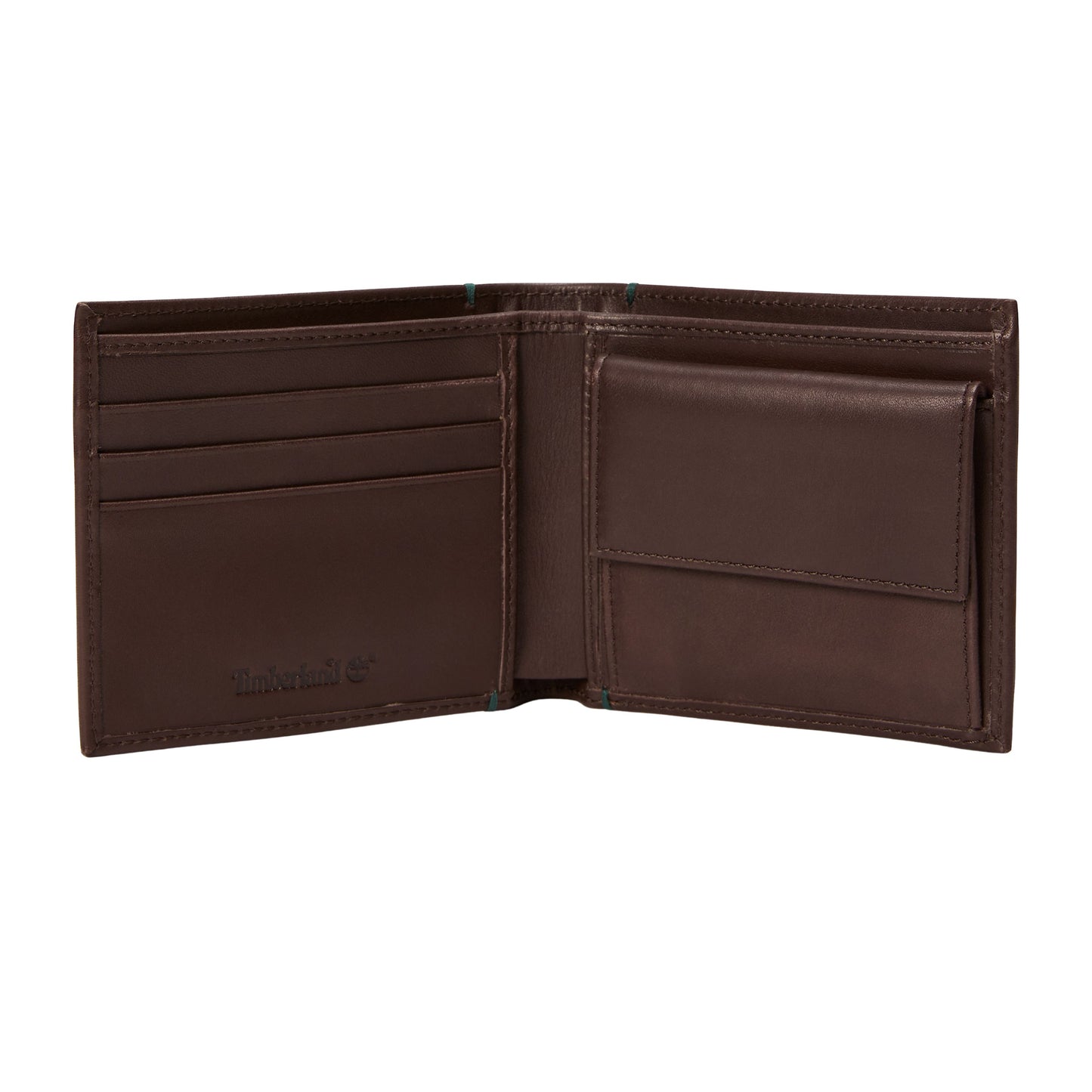 Carteira para homem Timberland Riverton Leather Bi-fold Coin em Castanho escuro. Foto da parte interior.
