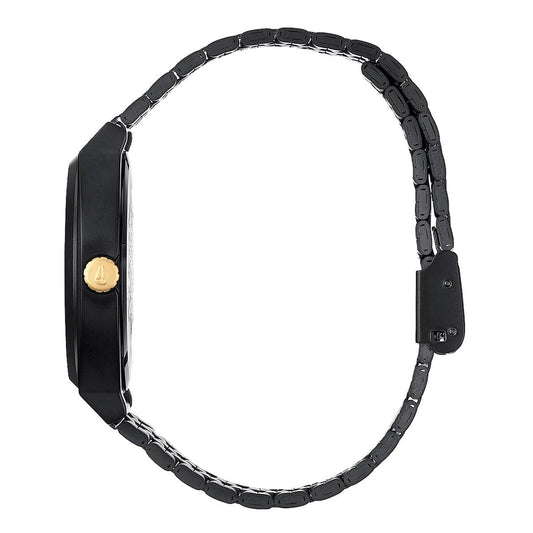 Nixon Time Teller em Matte Black e Gold. Foto de lado.