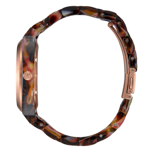 Nixon Time Teller Acetate em Rose Gold e Pink Tortoise. Foto de lado.