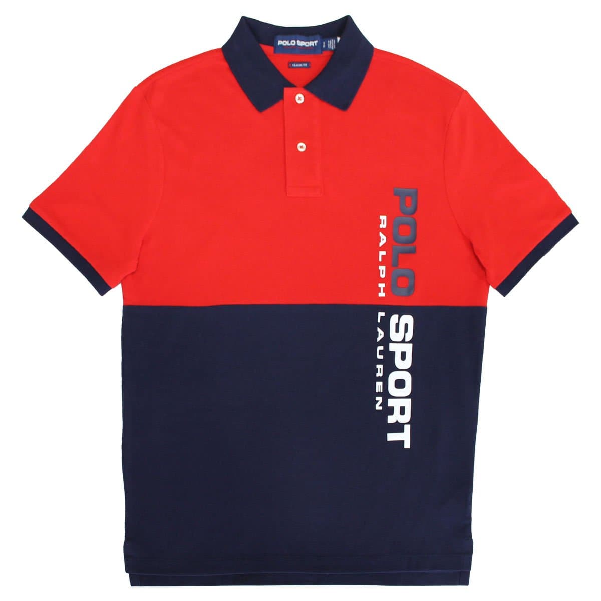 Ralph Lauren Polo Sport em vermelho e azul marinho. Foto de frente.